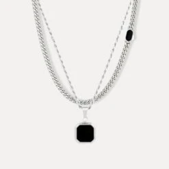 Onyx Cuban Necklace Set (Silver)